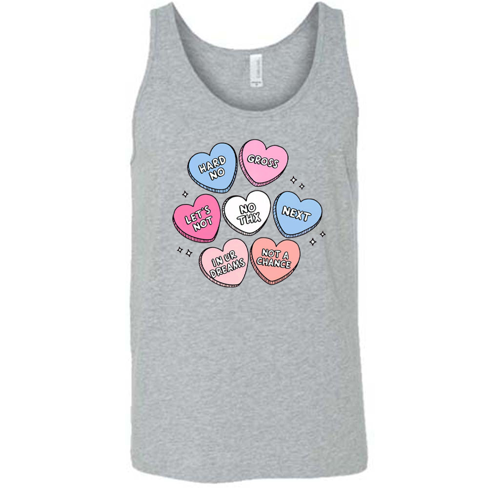 grey shirt with cartoon valentine heart candy graphics on it