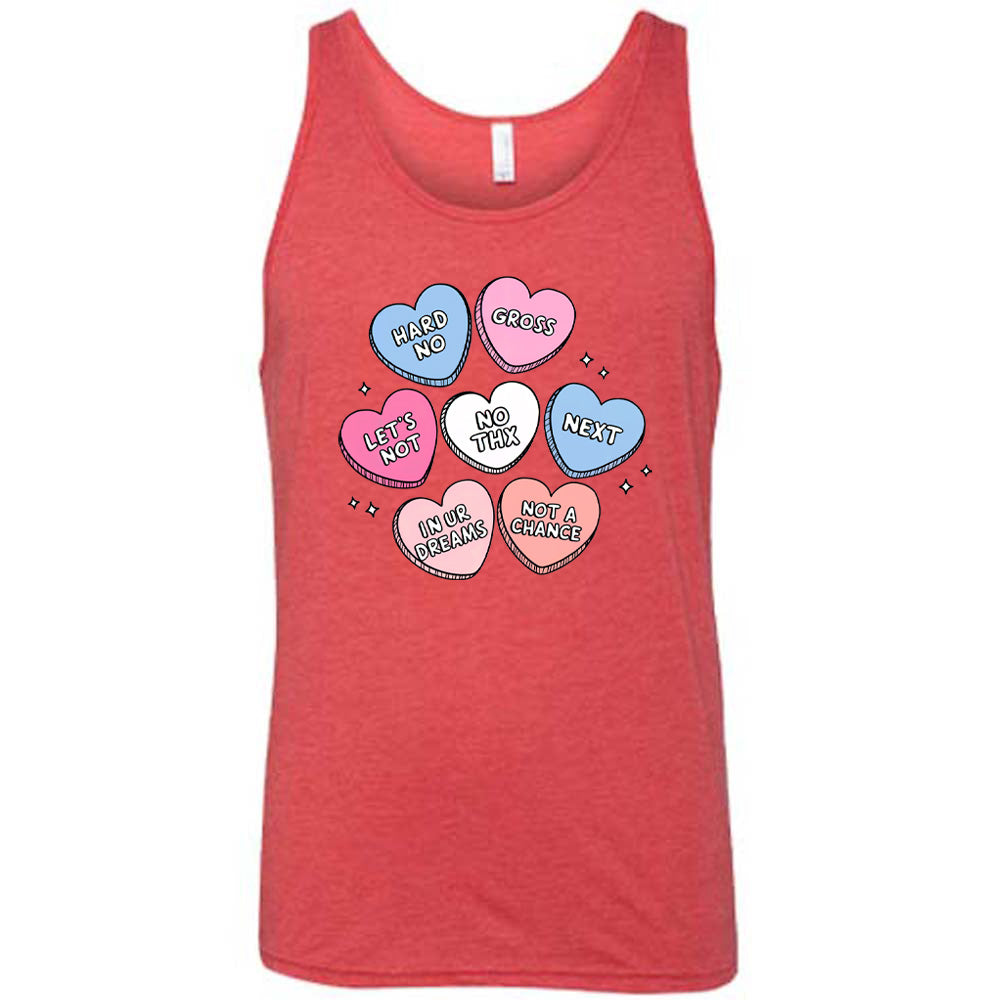 red shirt with cartoon valentine heart candy graphics on it