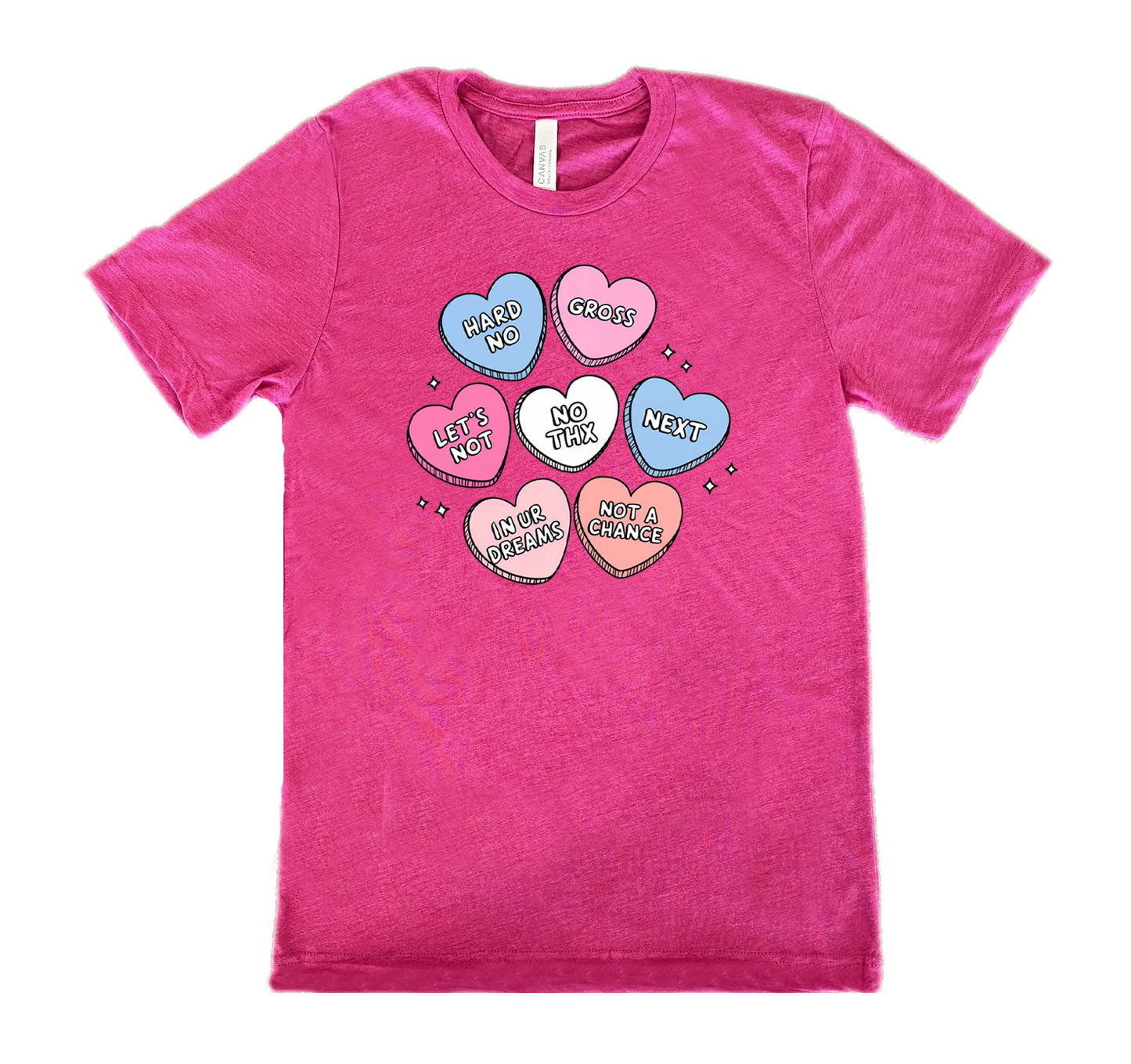 berry shirt with cartoon valentine heart candy graphics on it