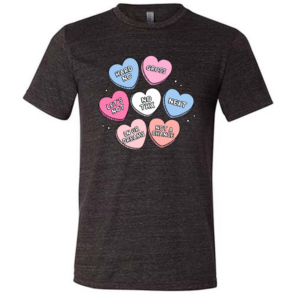 black shirt with cartoon valentine heart candy graphics on it