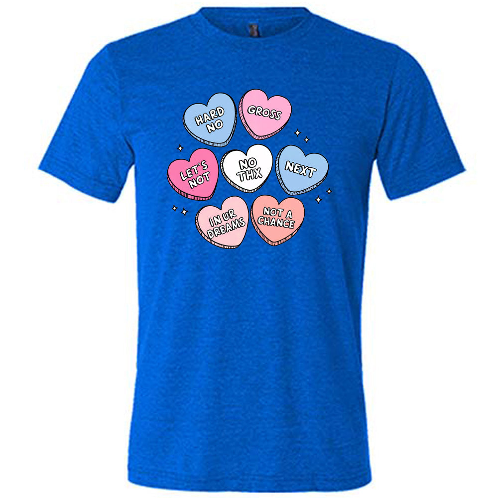 blue shirt with cartoon valentine heart candy graphics on it