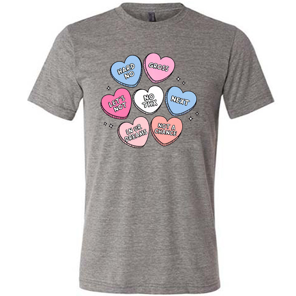 grey shirt with cartoon valentine heart candy graphics on it