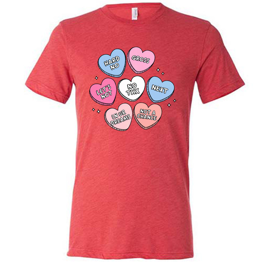 red shirt with cartoon valentine heart candy graphics on it