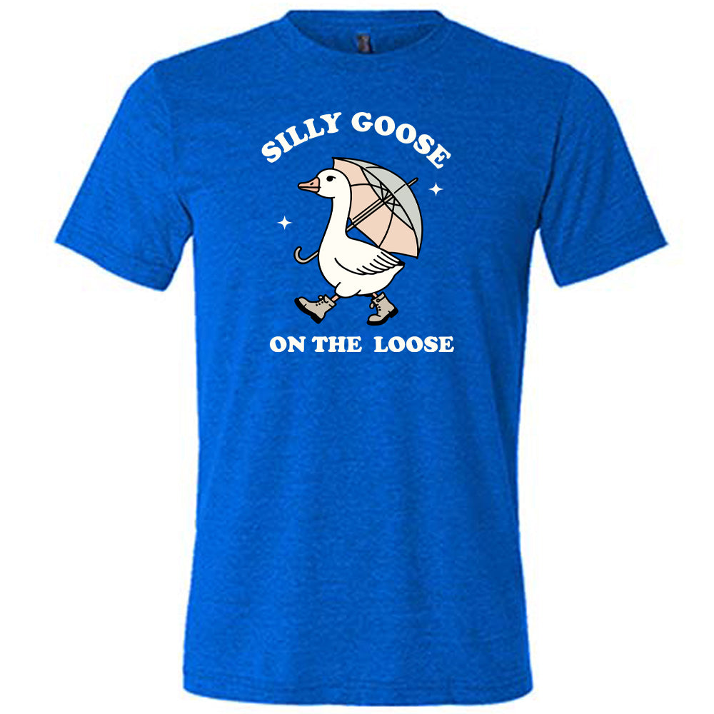 blue shirt with the text "Silly Goose On The Loose" on it