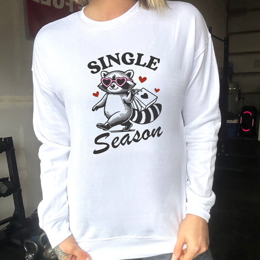 white crewneck with the text "Single Season" on it