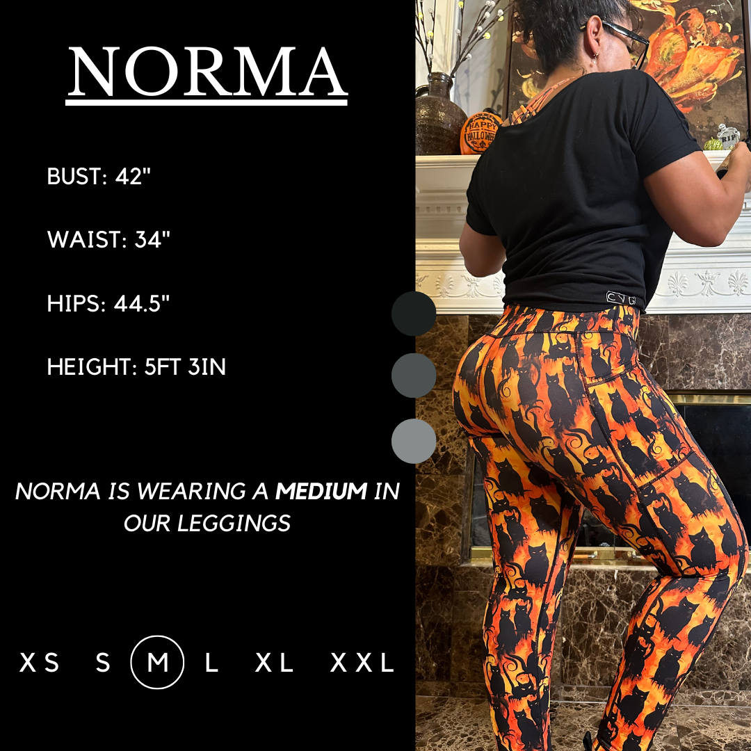 Model's measurements of 42 inch bust, 34 inch waist, 44.5 inch hips, and height of 5ft 3 inches. She is wearing a size medium  in our leggings