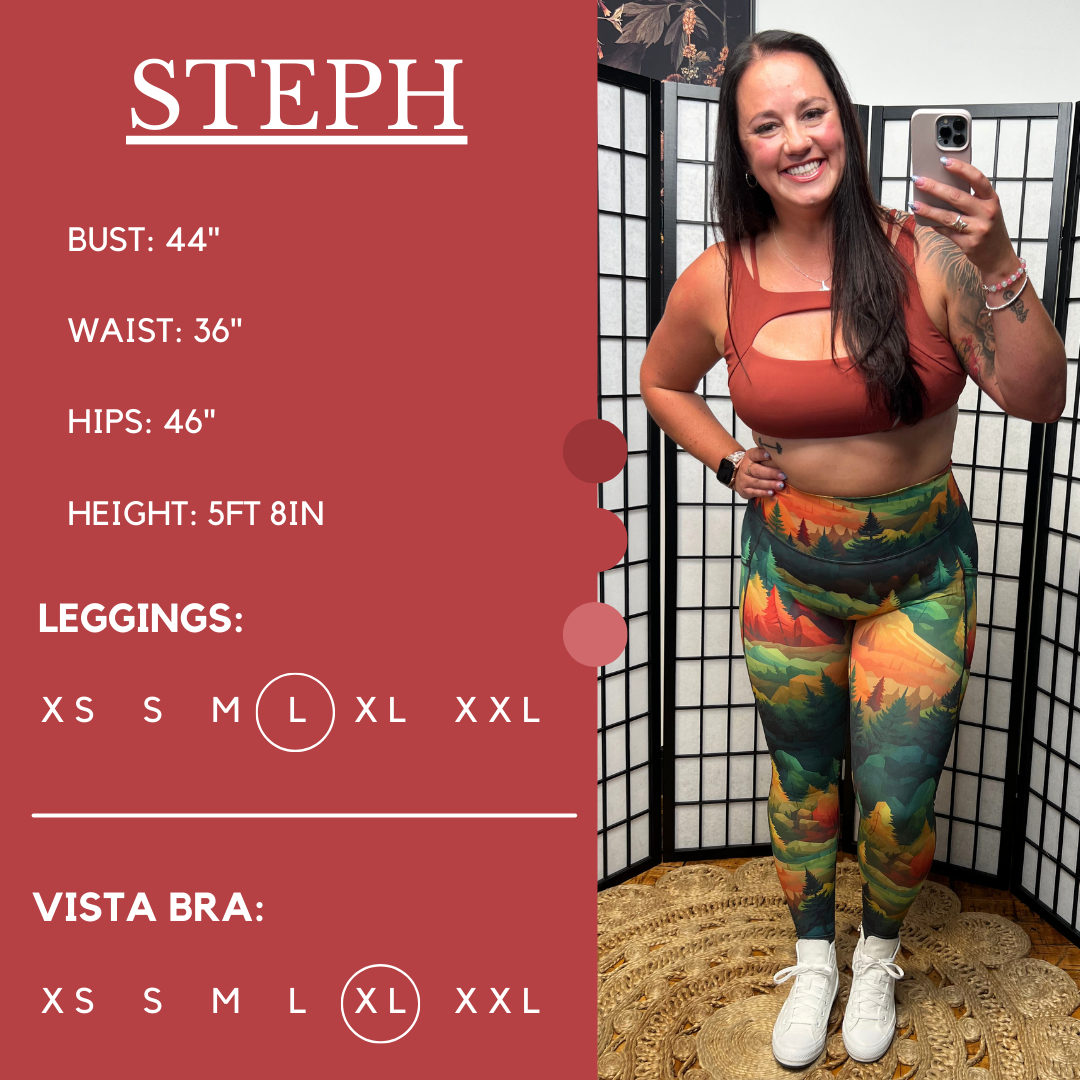 Sizing graphic of model wearing size large leggings and size extra large vista bra. With the measurements 44" bust, 36" waist, 46" hips, 5ft 8in height.