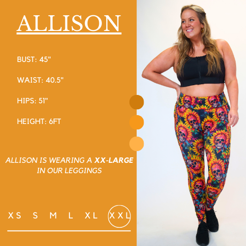 Model's measurements of 45 inch bust, 40.5 inch waist, 51 inch hips, and height of 6 foot. She is wearing a size double extra large in these leggings