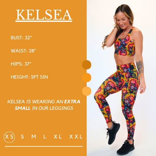 Model’s measurements of 32” bust, 28” waist, 37” hips and height of 5 ft 5 inches. She is wearing a size extra small in our leggings