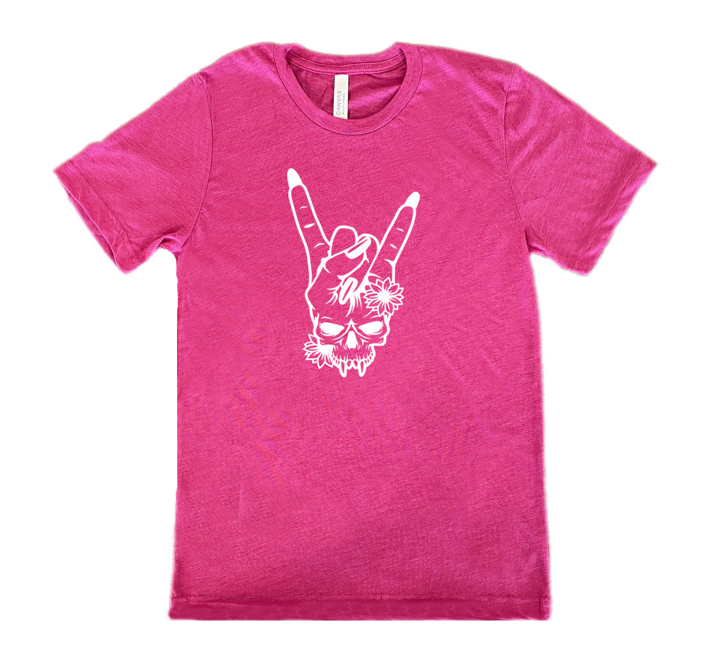 berry shirt with the "Skull Rocker Hand" graphic on it