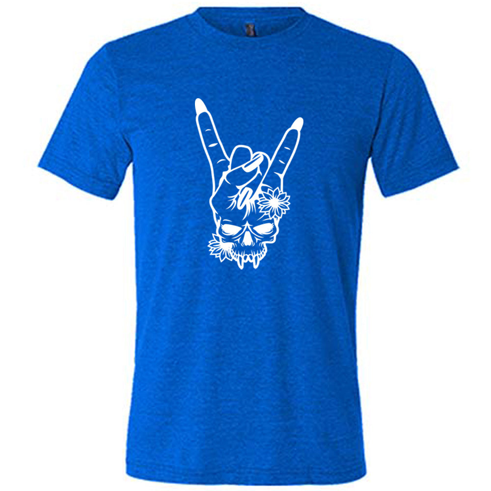 blue shirt with the "Skull Rocker Hand" graphic on it