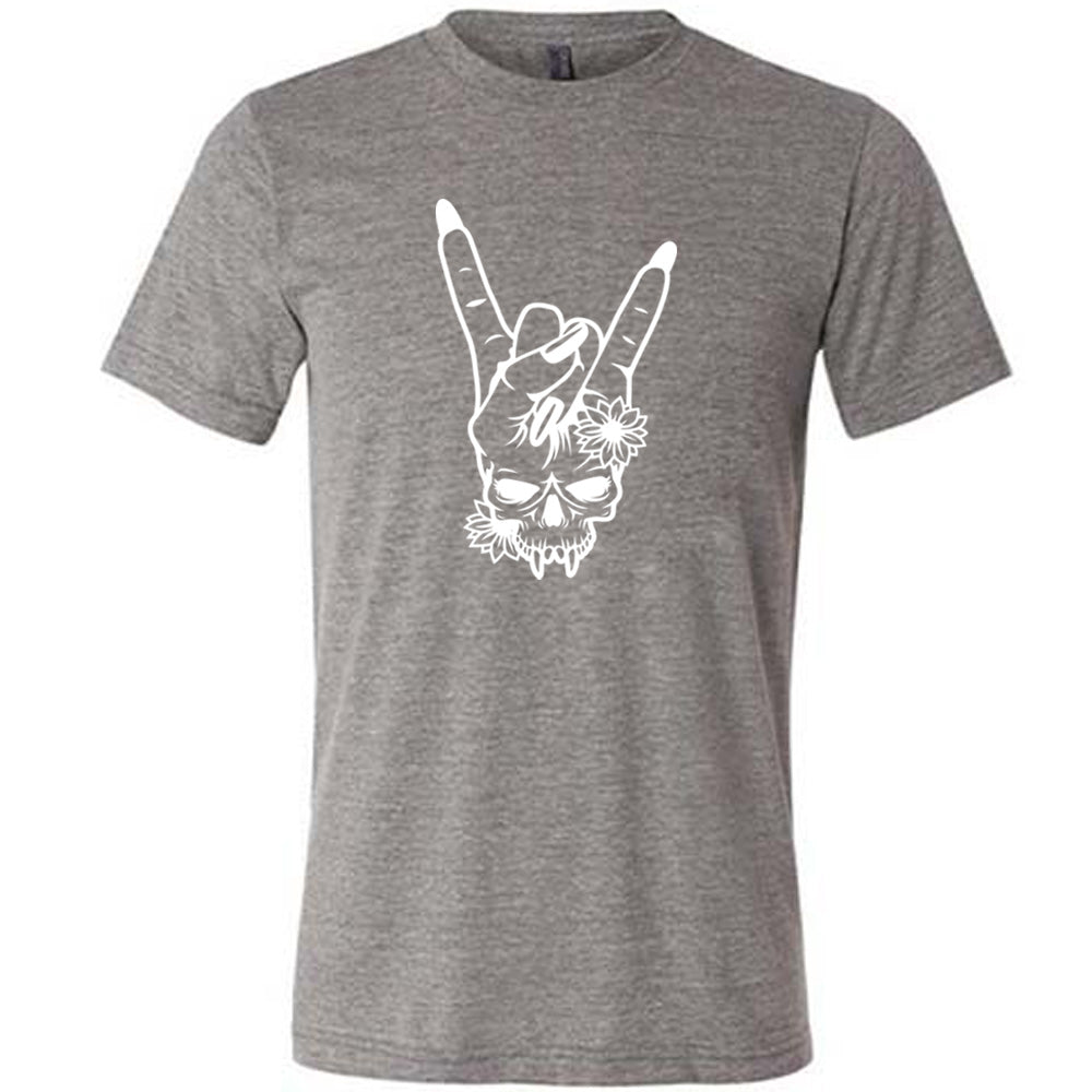 grey shirt with the "Skull Rocker Hand" graphic on it