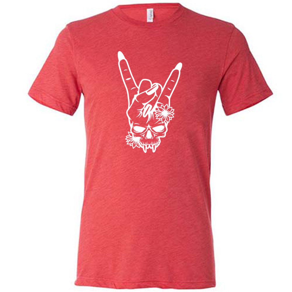 red shirt with the "Skull Rocker Hand" graphic on it