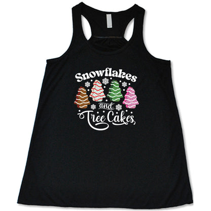 black shirt with Snowflakes & Tree Cakes graphics on it