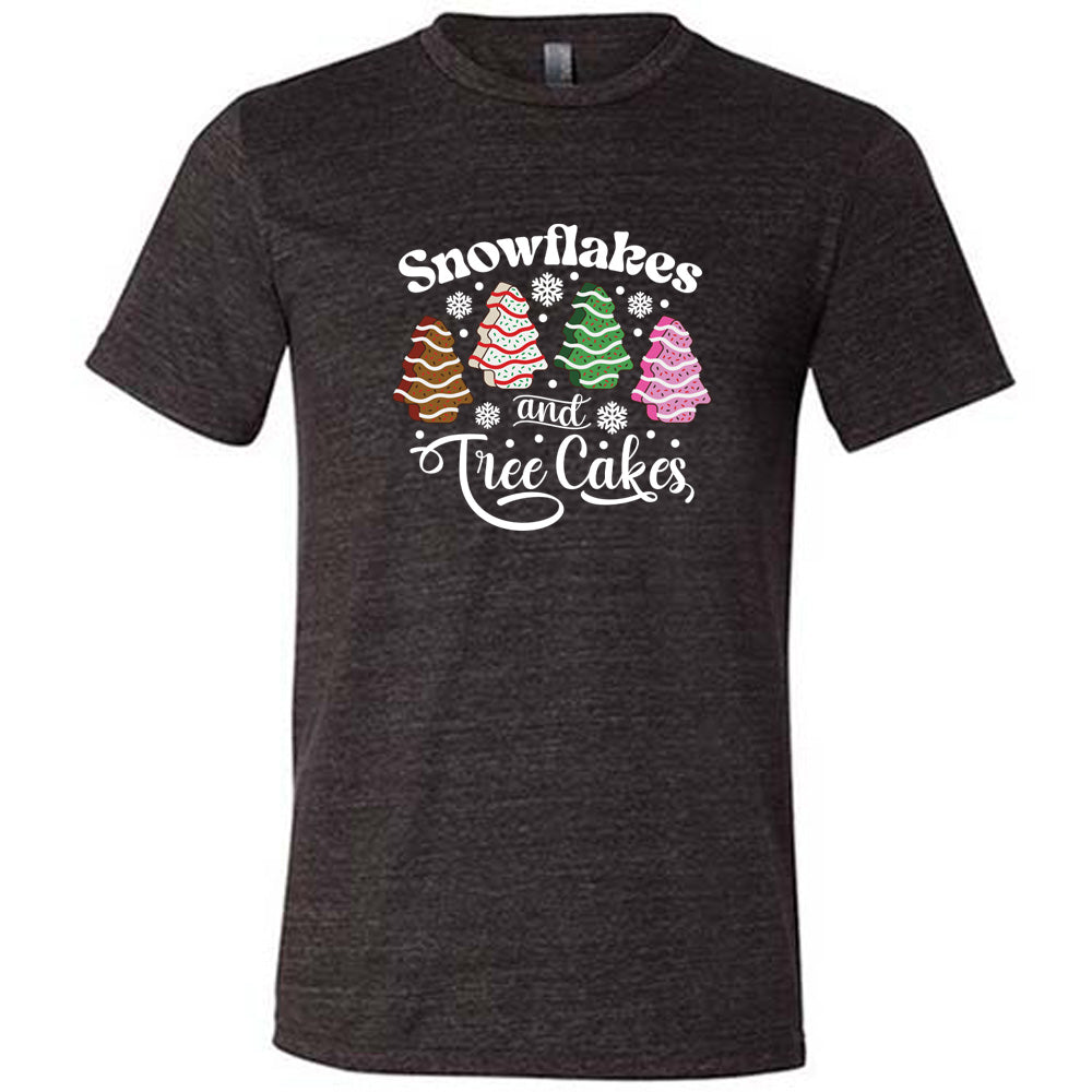 black shirt with Snowflakes & Tree Cakes graphics on it