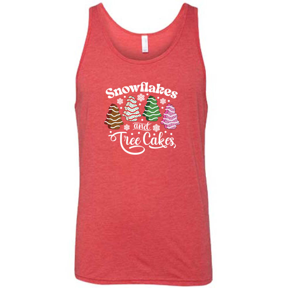 red shirt with Snowflakes & Tree Cakes graphics on it