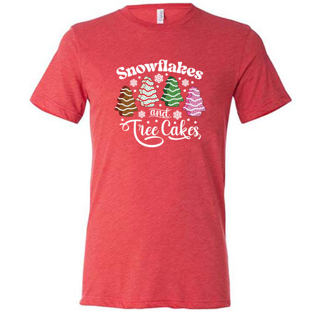 red shirt with Snowflakes & Tree Cakes graphics on it