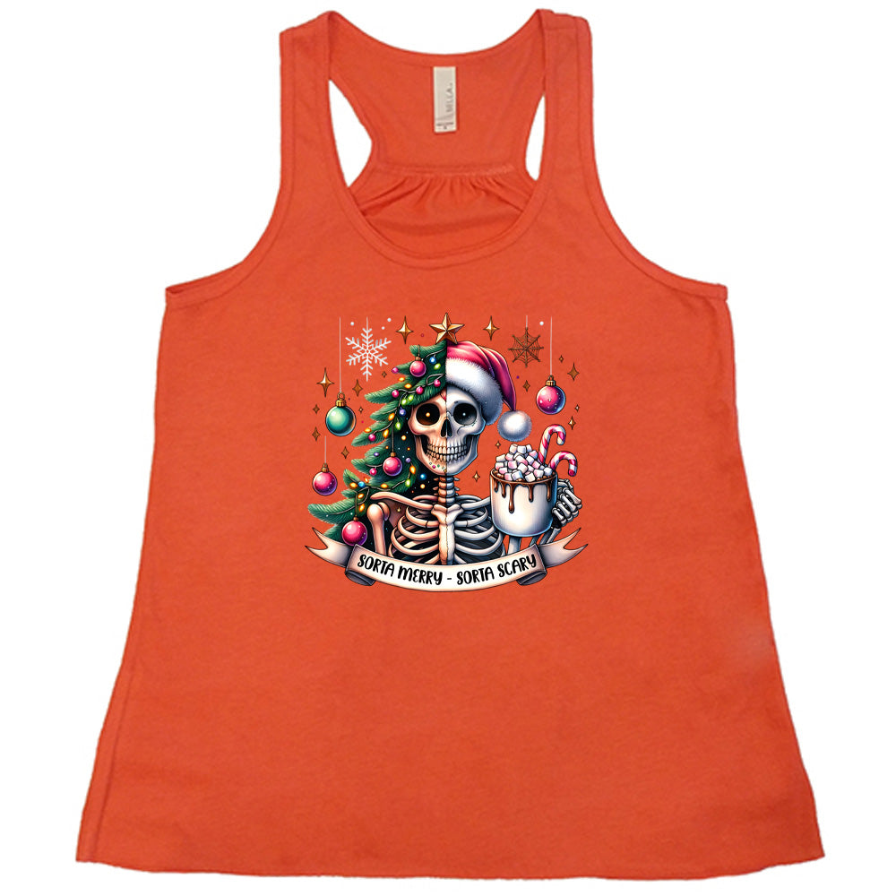 coral shirt with the text "Sorta Merry Sorta Scary" and a skull graphic on it