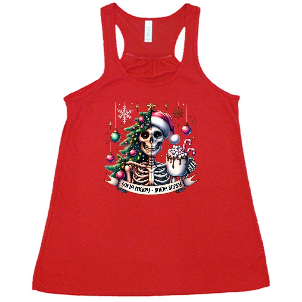 red shirt with the text "Sorta Merry Sorta Scary" and a skull graphic on it