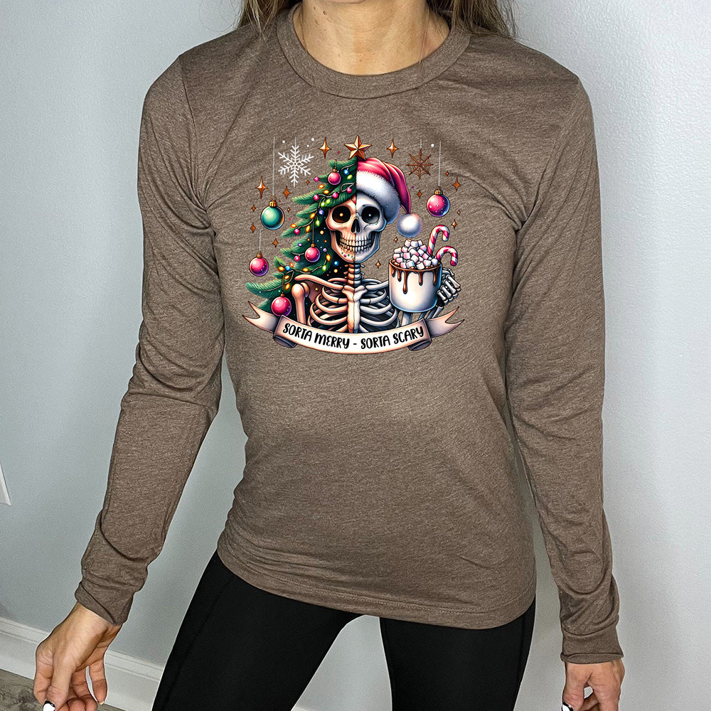 brown long sleeve shirt with the text "Sorta Merry Sorta Scary" on it