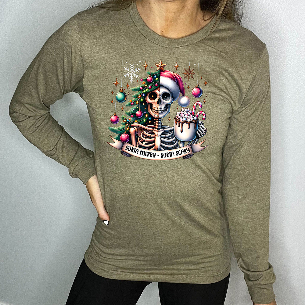 forest green long sleeve shirt with the text "Sorta Merry Sorta Scary" on it