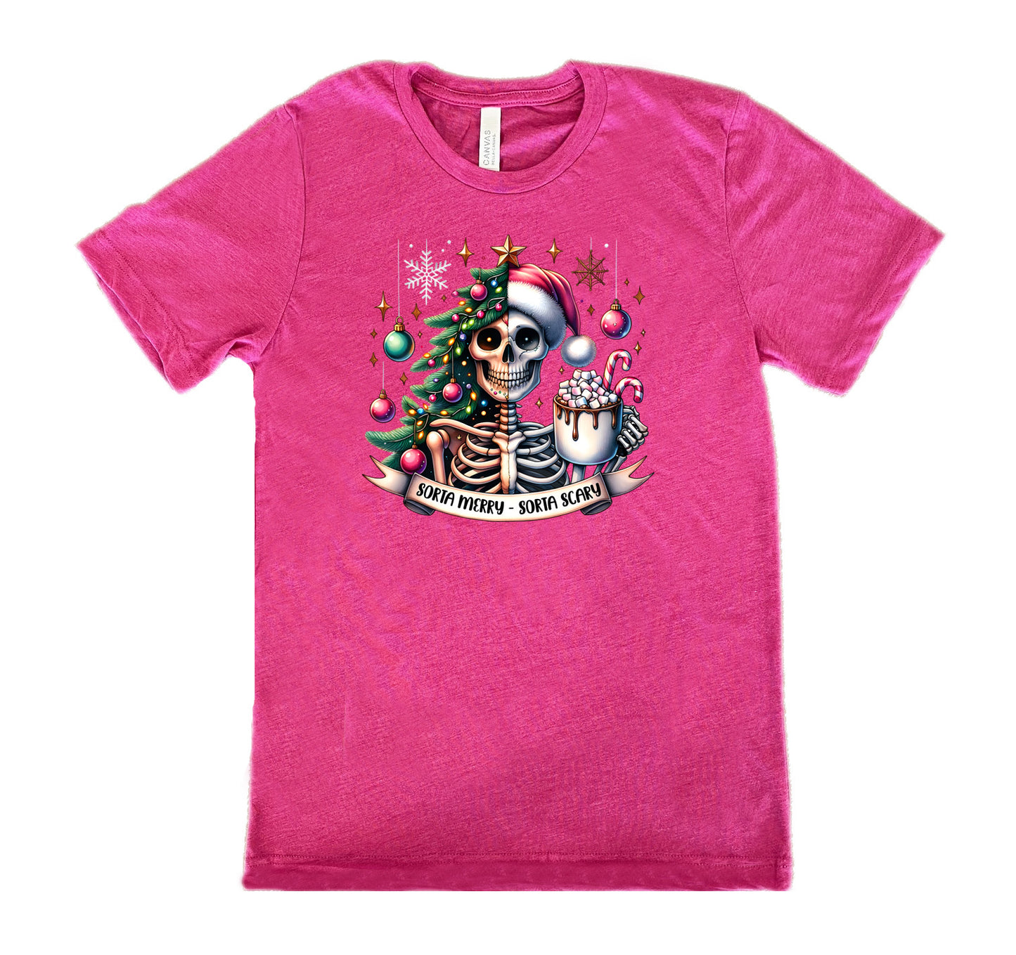 berry shirt with the text "Sorta Merry Sorta Scary" and a skull graphic on it