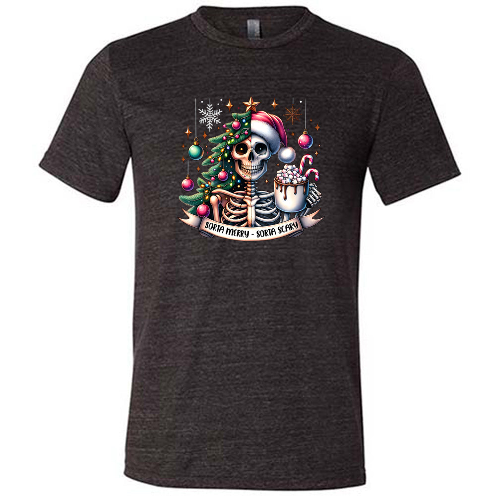 black shirt with the text "Sorta Merry Sorta Scary" and a skull graphic on it