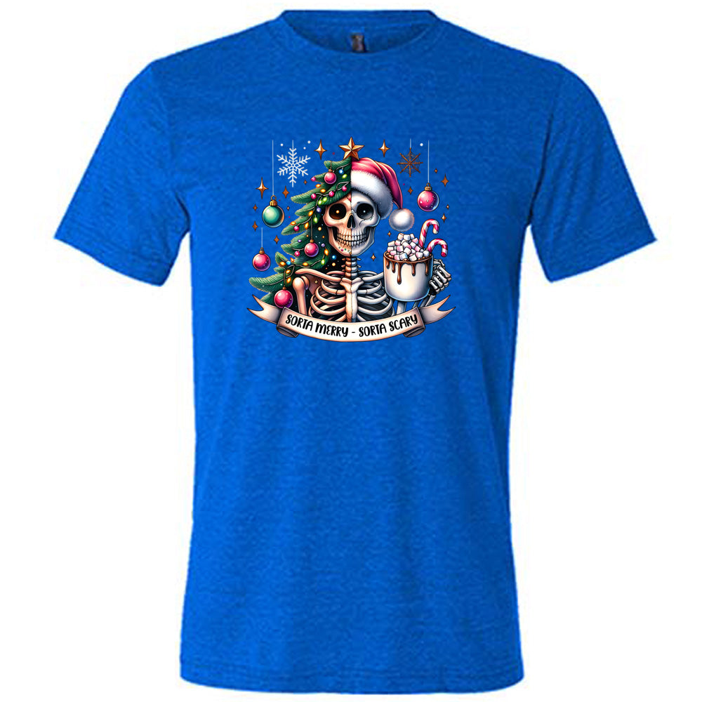 blue shirt with the text "Sorta Merry Sorta Scary" and a skull graphic on it