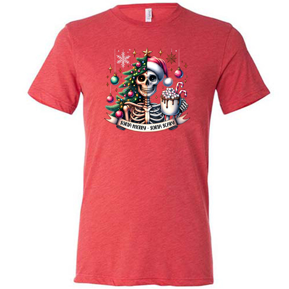 red shirt with the text "Sorta Merry Sorta Scary" and a skull graphic on it