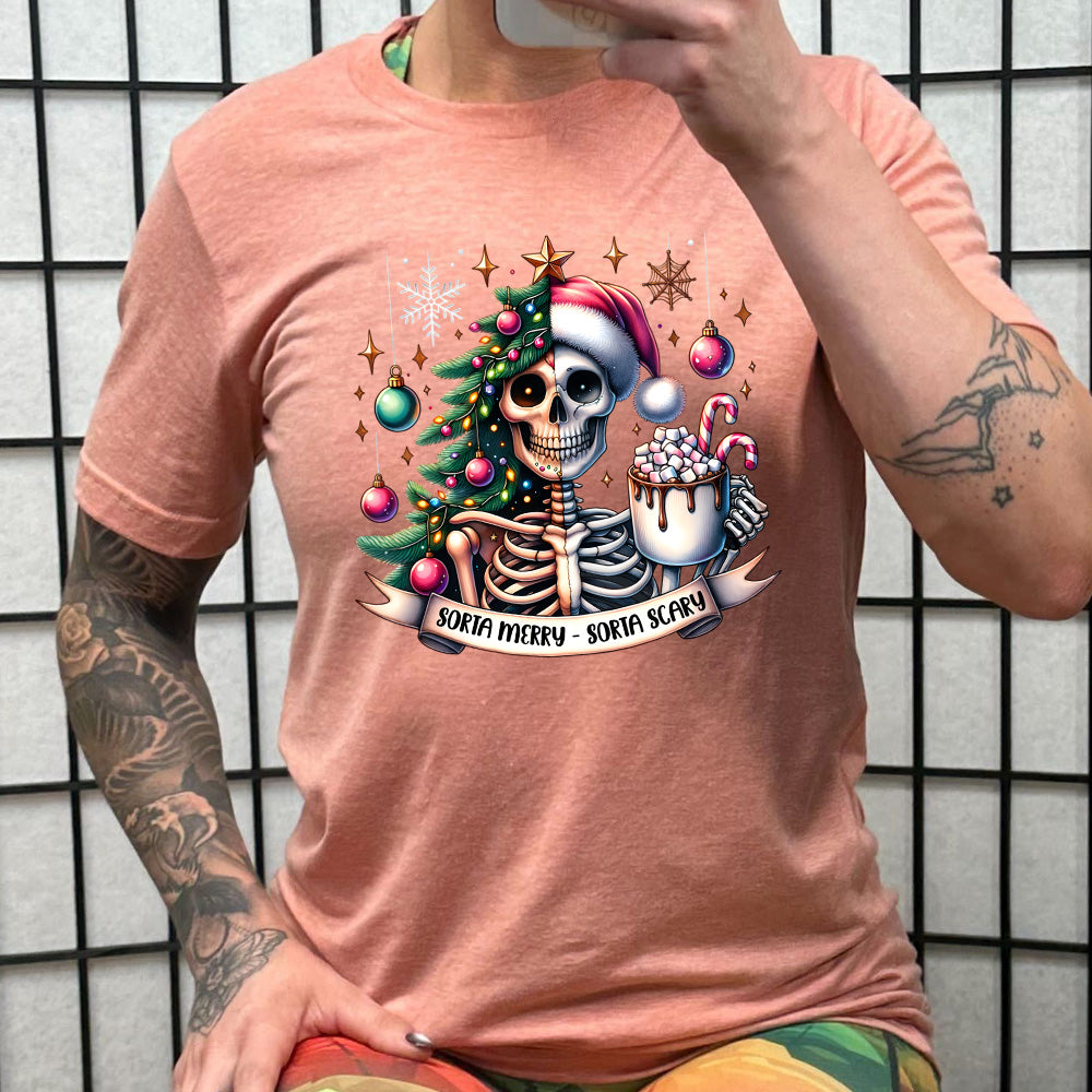 peach shirt with the text "Sorta Merry Sorta Scary" and a skull graphic on it