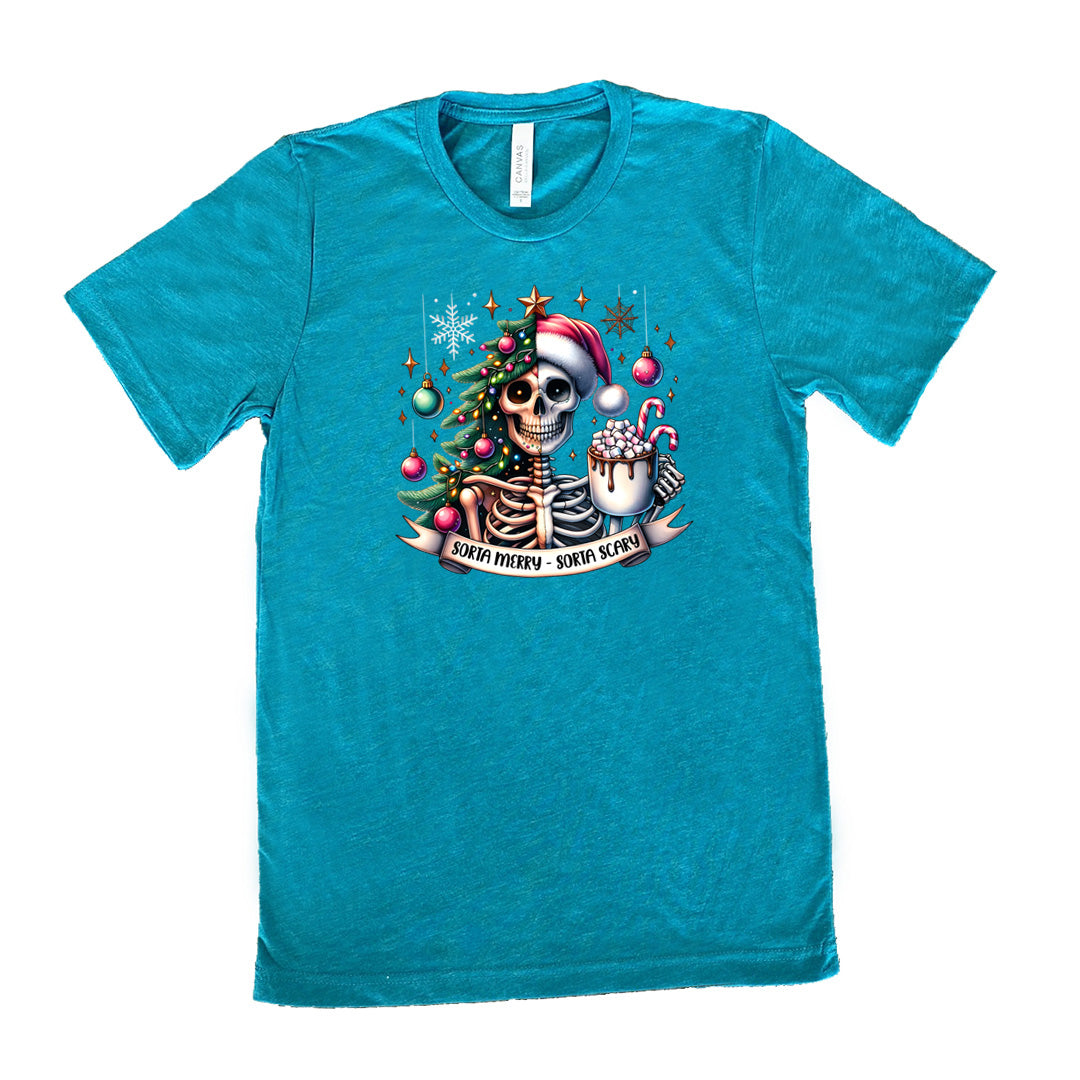 teal shirt with the text "Sorta Merry Sorta Scary" and a skull graphic on it