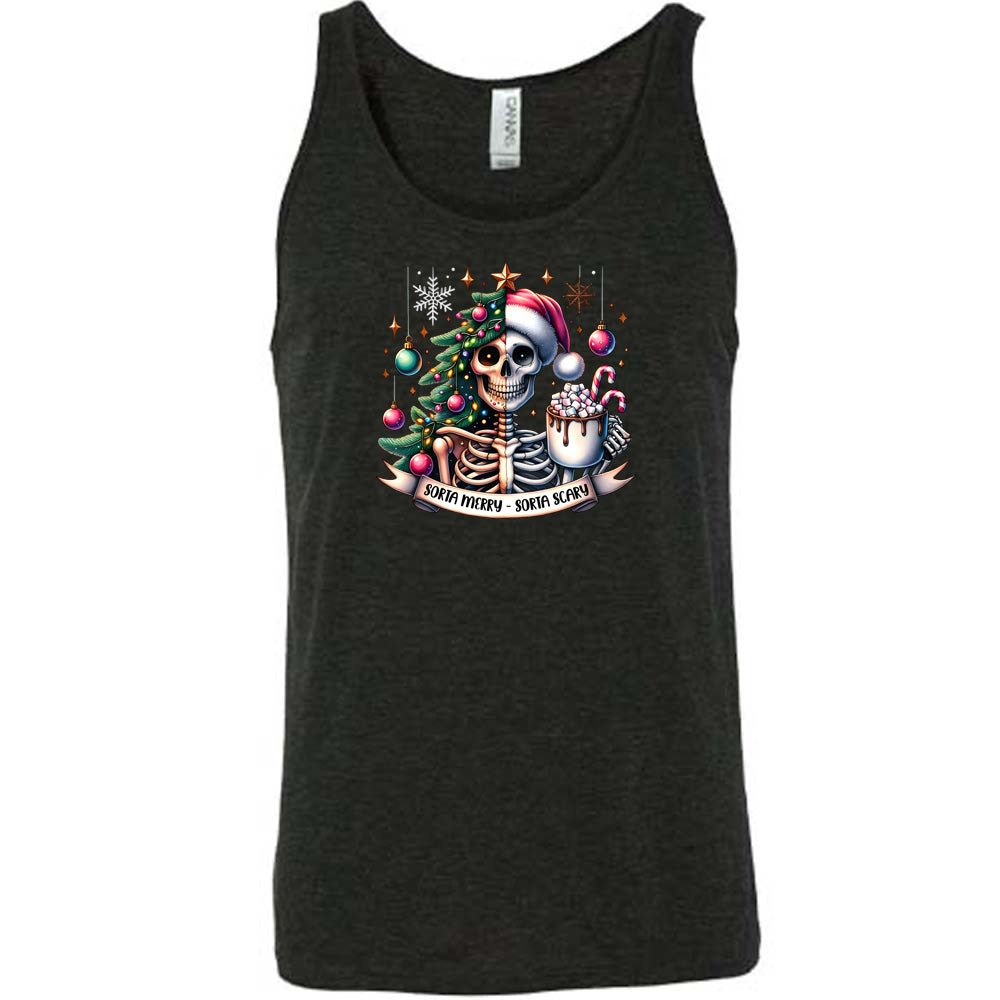 black shirt with the text "Sorta Merry Sorta Scary" and a skull graphic on it