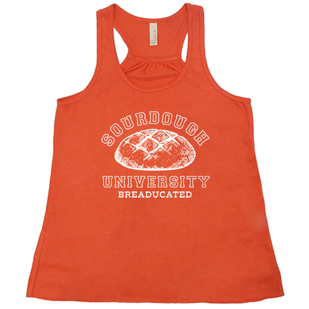 coral shirt with a sourdough bread graphic on it