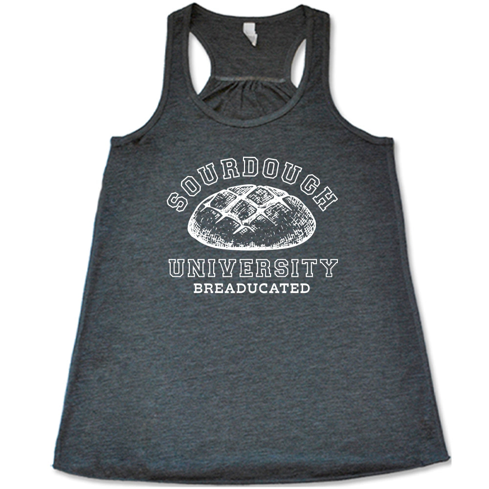 grey shirt with a sourdough bread graphic on it