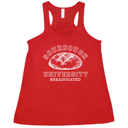 red shirt with a sourdough bread graphic on it