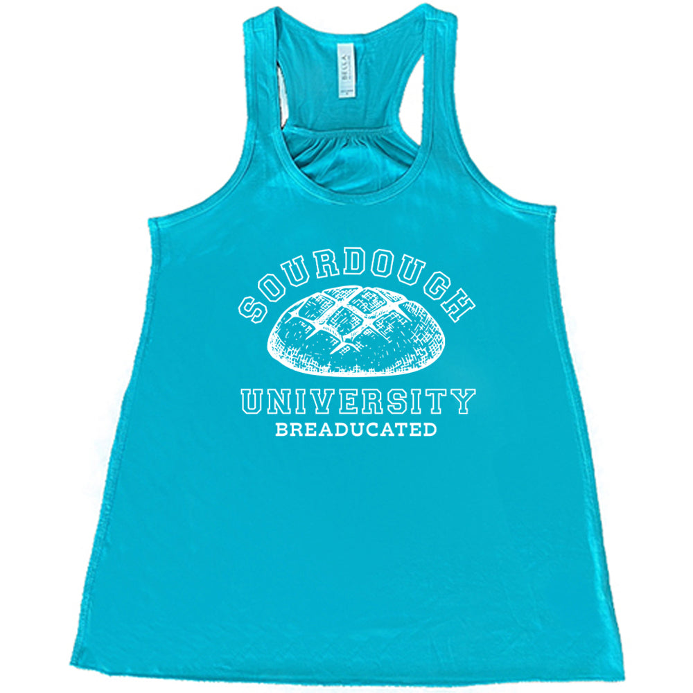 teal shirt with a sourdough bread graphic on it