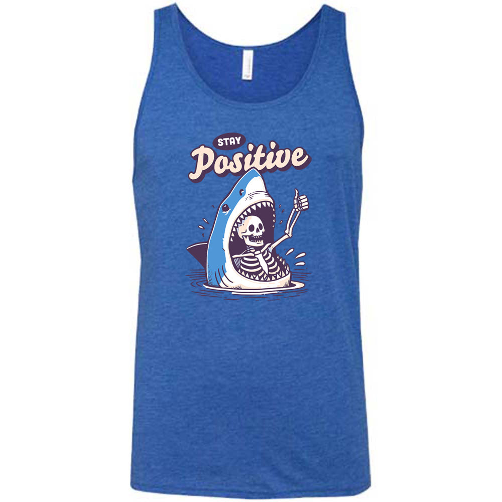 blue shirt with the text "Stay Positive" on it