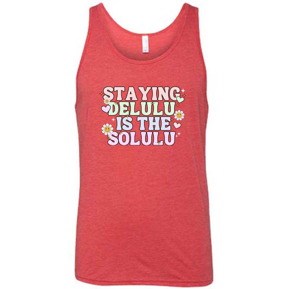 red shirt with the text "Staying Delulu Is The Solulu" on it