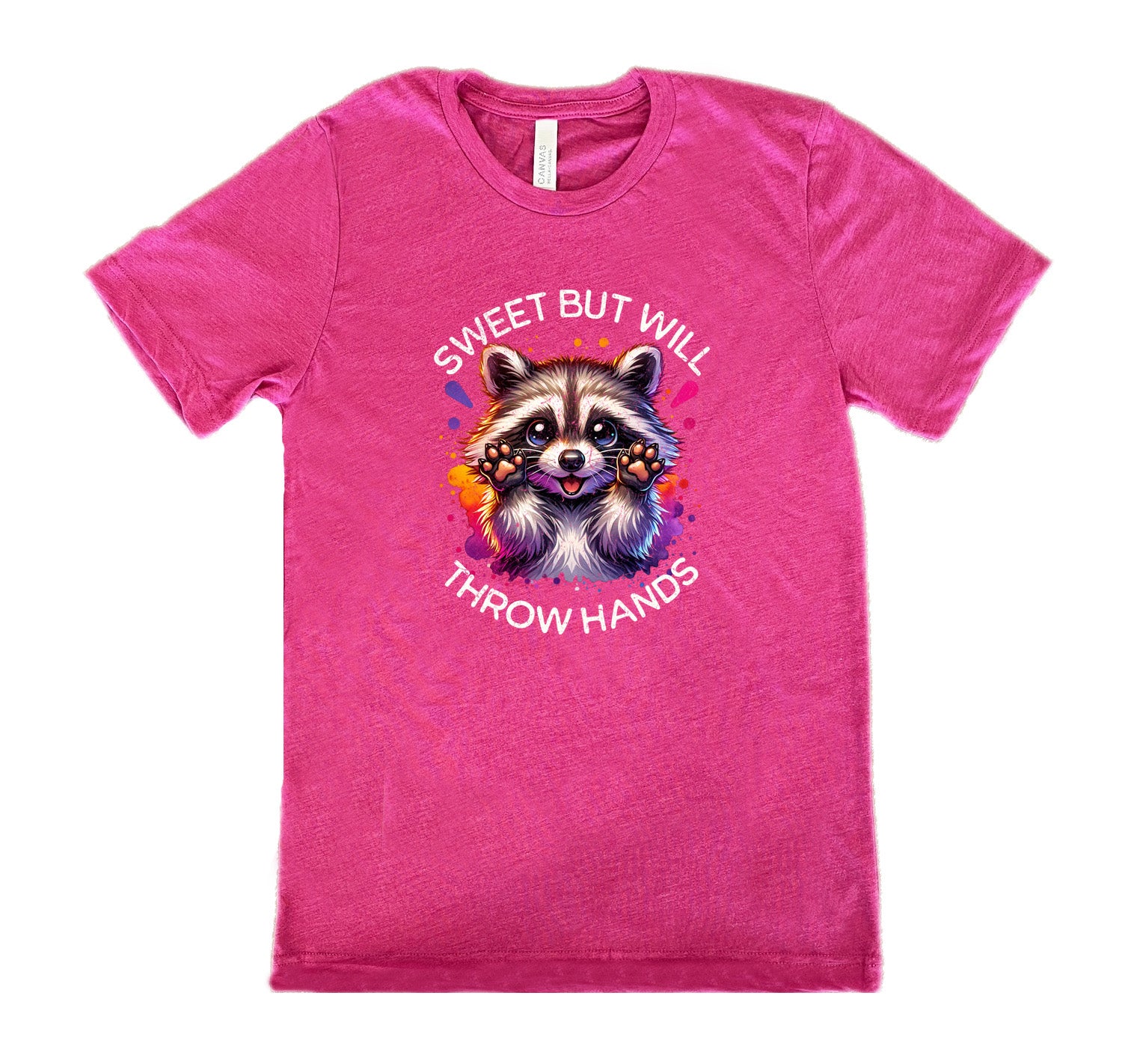 berry shirt with the text "Sweet But Will Throw Hands" and a graphic of a raccoon on it