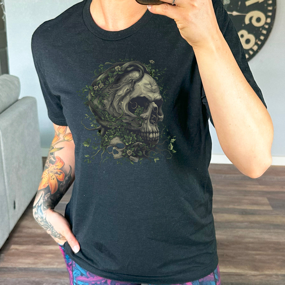 black shirt with a tree skull graphic in the middle