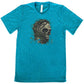 teal shirt with a tree skull graphic in the middle