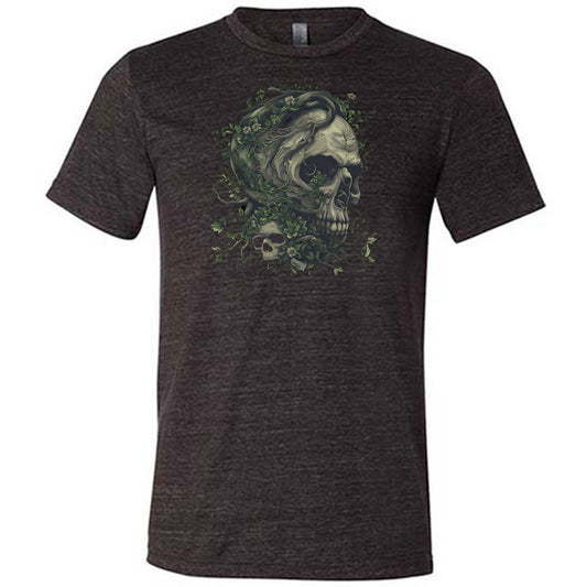 black shirt with a tree skull graphic in the middle