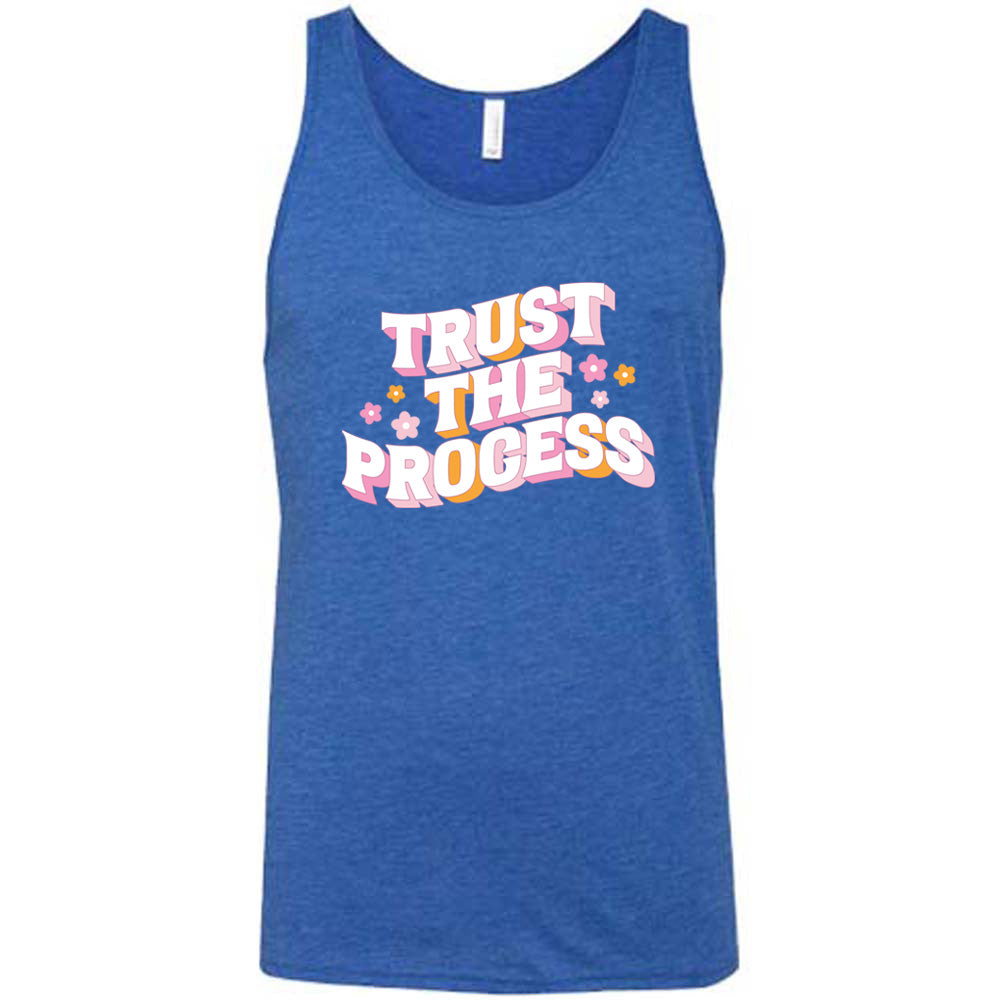 blue shirt with the text "Trust The Process" on it