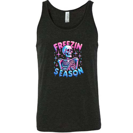 black shirt with the text "freezin season" with a graphic of a skeleton on it