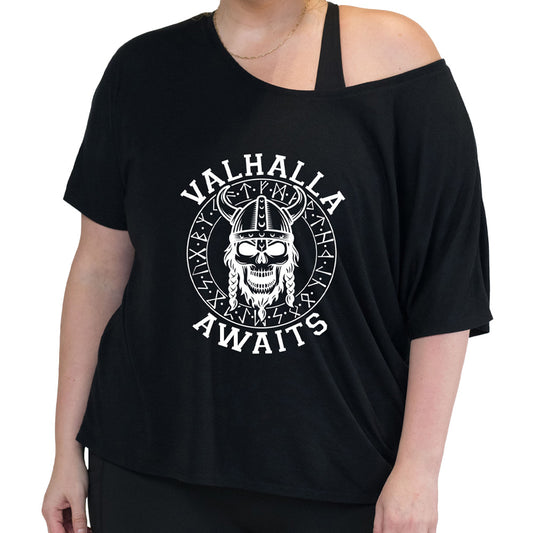 black slouchy shirt with the text "Valhalla Awaits" on it