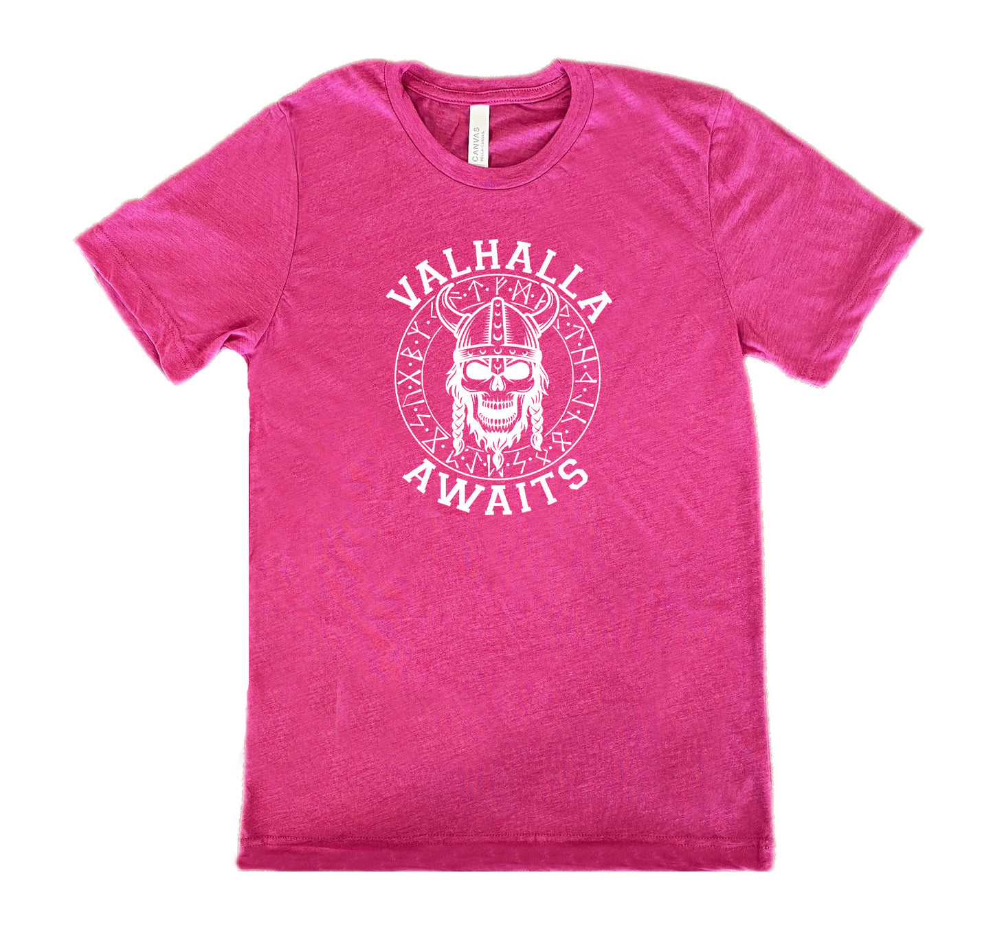 berry shirt with the text "Valhalla Awaits" on it