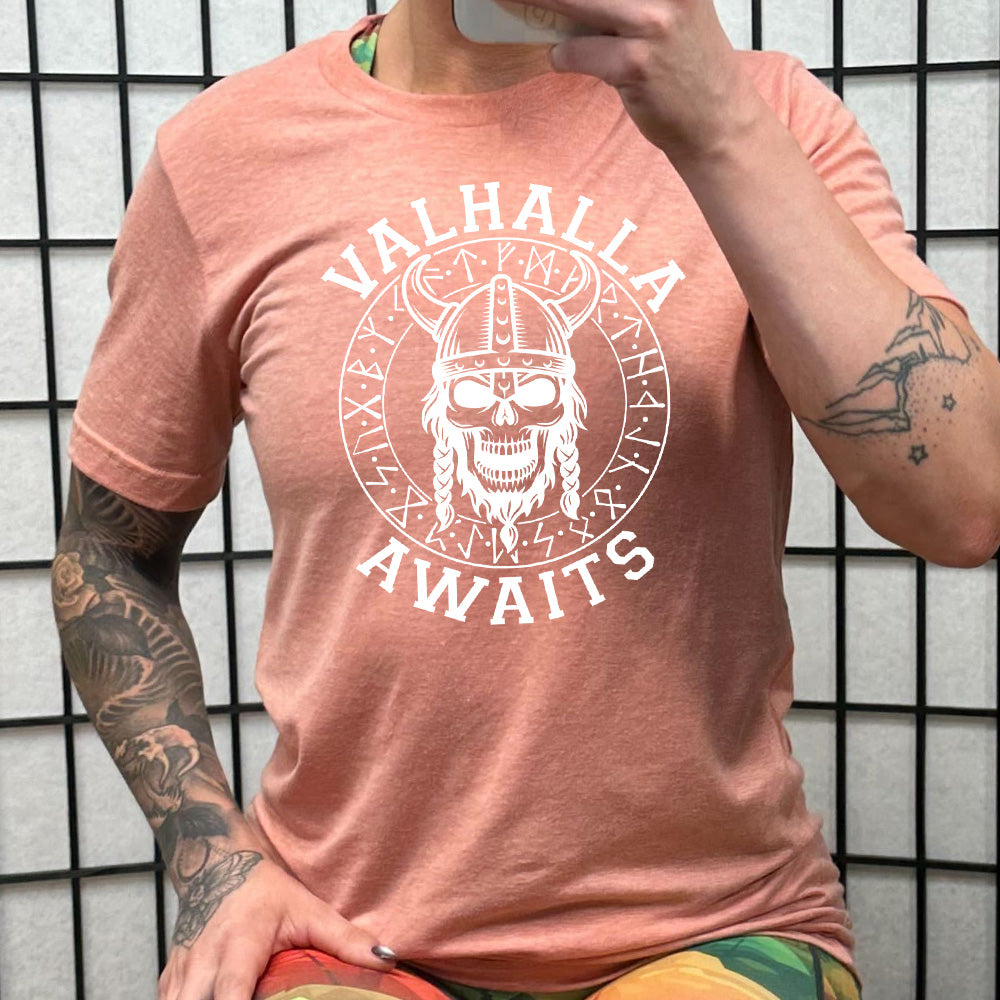 coral shirt with the text "Valhalla Awaits" on it