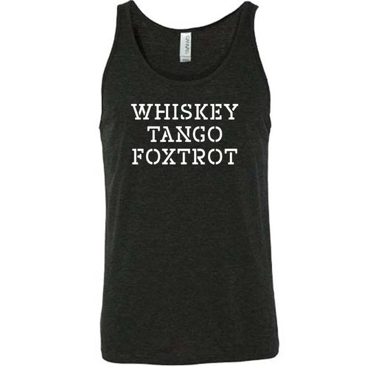 black shirt with the quote "Whiskey Tango Foxtrot" on it