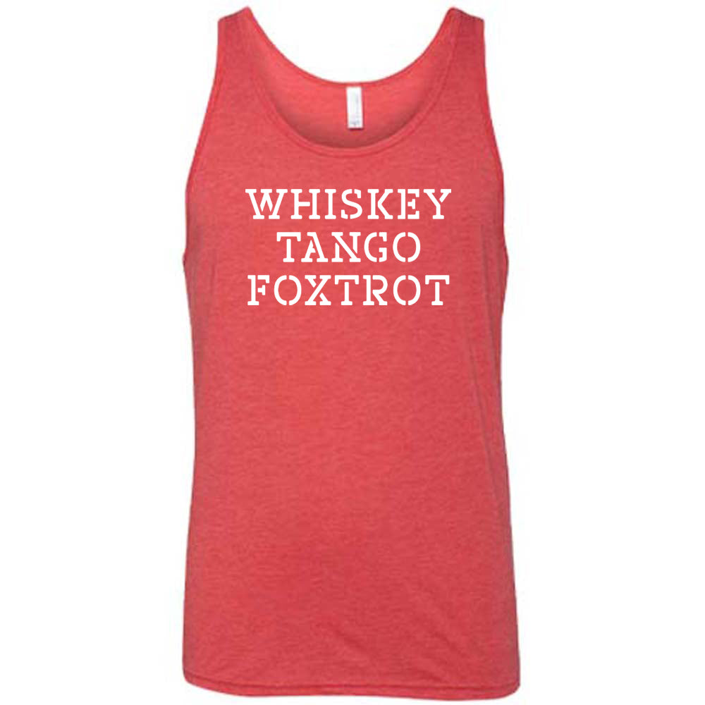 red shirt with the quote "Whiskey Tango Foxtrot" on it