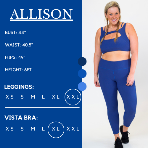 Model's measurements of 44 inch bust, 40.5 inch waist, 49 inch hips, and height of 6 foot. She is wearing a size xx-large in our leggings